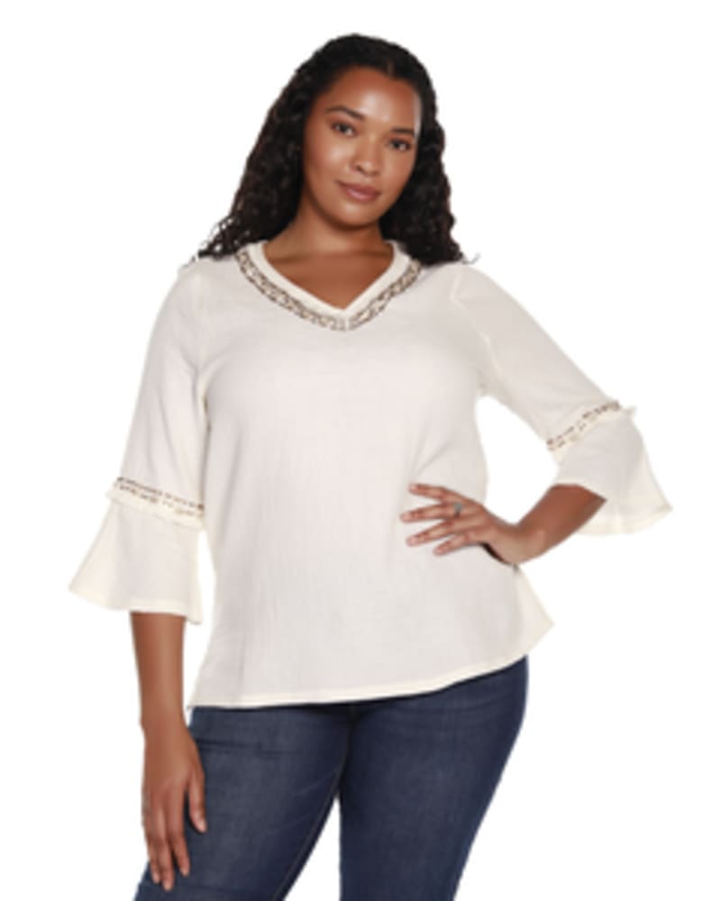 Front of a model wearing a size 1X Piper Embellished Gauze Tunic in Natural by Belldini Black Label. | dia_product_style_image_id:246061